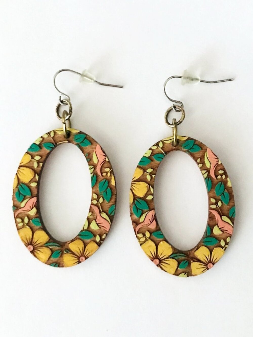 Floral Dangle Earrings Lightweight Wood Laser Cut Hand Painted Flowers